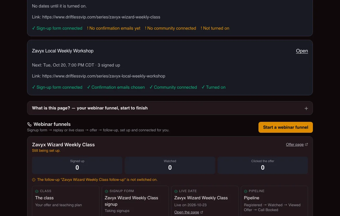 A list of repeating events where one weekly workshop shows its next date, three people signed up, and green checks for sign-up form, confirmation emails, community connected and turned on.